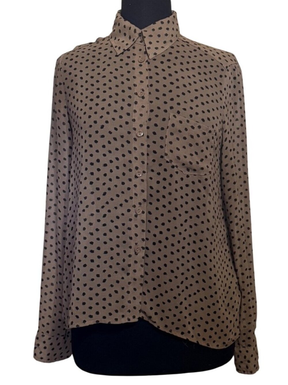 Cover Stitched Tan & Black Polka Dot Sheer Blouse 100% Polyester Women's Size M